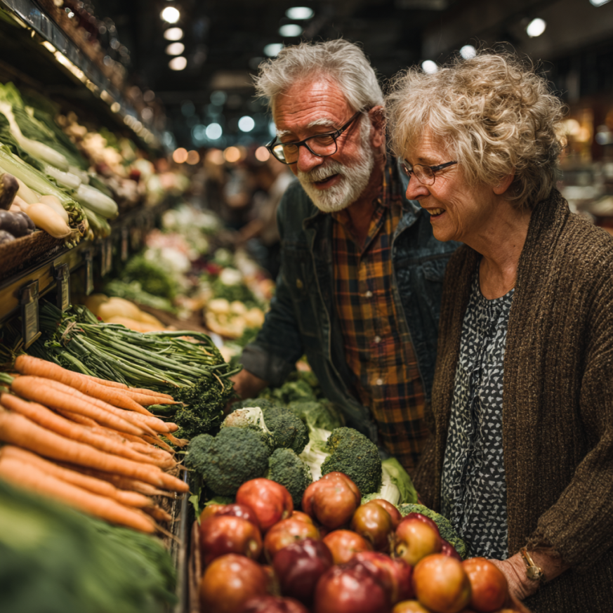 Cuplu de vârstnici pregătind împreună o masă sănătoasă